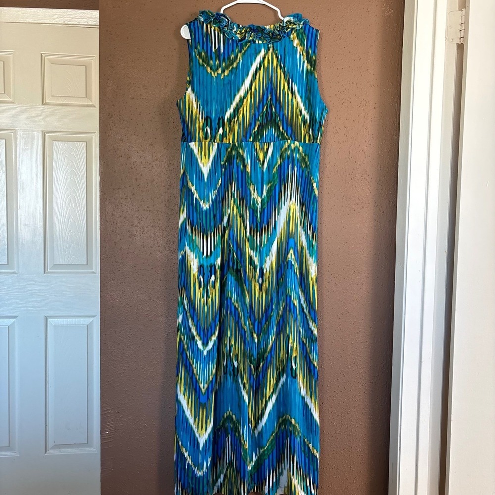 Cato Woman Blue Yellow Chevron Ikat Ruffle V-Neck Maxi Dress Plus Size 18/20W - Picture 3 of 7